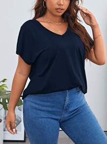 SHEIN Essnce Plus Solid Batwing Sleeve V Neck Tee - Navy Blue - View 5