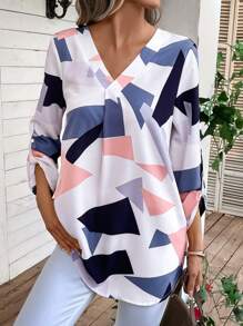 EMERY ROSE Geo Print Roll Tab Sleeve Blouse - Multicolor - View 1