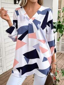 EMERY ROSE Geo Print Roll Tab Sleeve Blouse - Multicolor - View 4