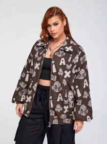 GAWX Talla grande Cazadora con estampado de dibujos animados y letra de hombros caídos - Marrón - Ver 3