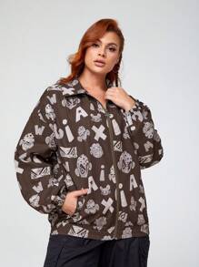 GAWX Talla grande Cazadora con estampado de dibujos animados y letra de hombros caídos - Marrón - Ver 5