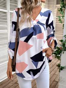 EMERY ROSE Geo Print Roll Tab Sleeve Blouse - Multicolor - View 5