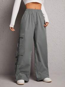 SHEIN PETITE Flap Pocket Side Cargo Pants - Dark Grey - View 1