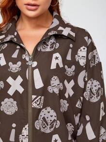 GAWX Talla grande Cazadora con estampado de dibujos animados y letra de hombros caídos - Marrón - Ver 6