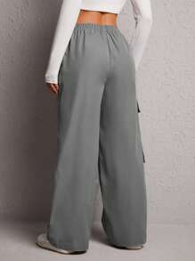 SHEIN PETITE Flap Pocket Side Cargo Pants - Dark Grey - View 2