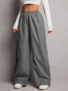 SHEIN PETITE Flap Pocket Side Cargo Pants - Dark Grey - View 3