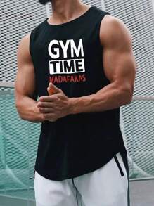 Manfinity Fitness Tee-shirt de sport sans manches simple avec imprimé style petit ami pour homme - débardeur pour école, maille, muscle, graphique, gym, vêtements actifs, sans manches, hauts d'entraînement simples, respirants pour la salle de gym - Noir - Voir 1