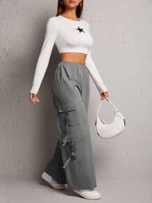 SHEIN PETITE Flap Pocket Side Cargo Pants - Dark Grey - View 4