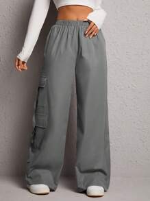 SHEIN PETITE Flap Pocket Side Cargo Pants - Dark Grey - View 5