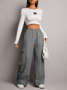 SHEIN PETITE Flap Pocket Side Cargo Pants - Dark Grey - View 6