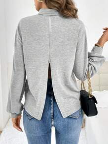 SHEIN Essnce Mock Neck Split Backless Lantern Sleeve Sweatshirt