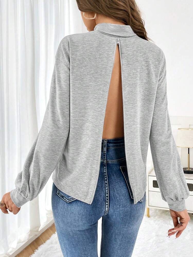 Mock Neck Split Backless Lantern Sleeve Sweatshirt