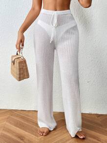 SHEIN Swim Summer Beach Drawstring Waist Tie Front Cover Up Pants - White - View 3