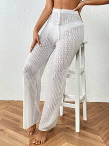 SHEIN Swim Summer Beach Drawstring Waist Tie Front Cover Up Pants - White - View 6