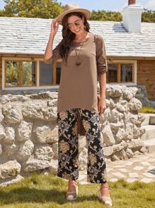 EMERY ROSE Solid High Low Hem Top & Floral Print Pants - Multicolor - View 4