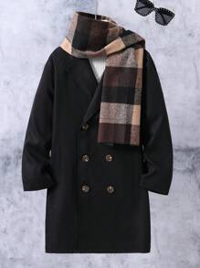 SHEIN Tween Boy Double Breasted Trench Coat With Scarf - Black - View 1
