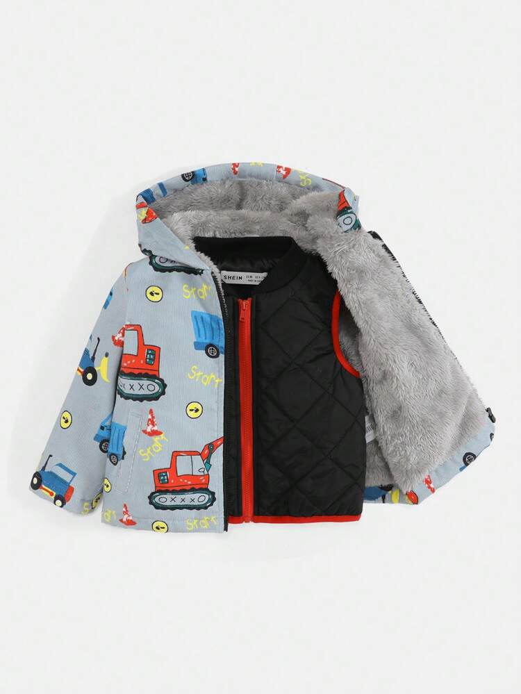 Baby Boy Letter & Car Graphic Hooded Thermal Lined Coat & Vest Jacket