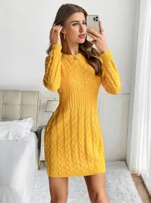SHEIN Privé Solid Cable Knit Sweater Dress - Yellow - View 4