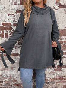 SHEIN LUNE Hơn cổ áo xếp nếp Knot Cuff Áo thun - Màu xám đen - Xem 2