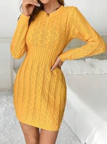SHEIN Privé Solid Cable Knit Sweater Dress - Yellow - View 6