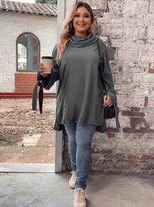 SHEIN LUNE Hơn cổ áo xếp nếp Knot Cuff Áo thun - Màu xám đen - Xem 5