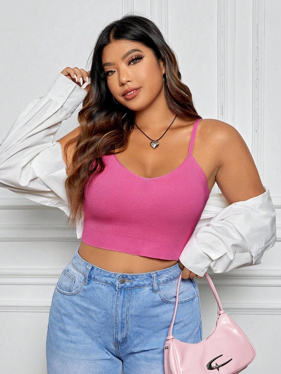 SHEIN EZwear 大碼素色針織吊帶短上衣 - 粉色 - 查看 1