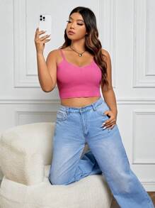 SHEIN EZwear 大碼素色針織吊帶短上衣 - 粉色 - 查看 5