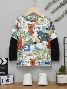 SHEIN Cậu bé giải trí Thời trang thoải mái Phong cách đường phố Đơn giản mềm mại Thiết thực Áo thun 2 trong 1 với họa tiết động vật ngộ nghĩnh - Nhiều màu - Xem 1