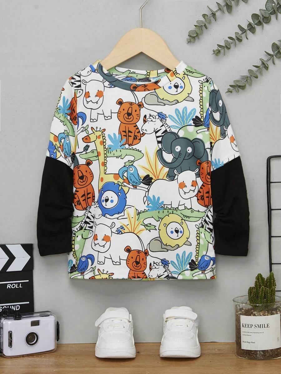 SHEIN Cậu bé giải trí Thời trang thoải mái Phong cách đường phố Đơn giản mềm mại Thiết thực Áo thun 2 trong 1 với họa tiết động vật ngộ nghĩnh - Nhiều màu - Xem 1