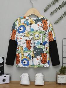 SHEIN Cậu bé giải trí Thời trang thoải mái Phong cách đường phố Đơn giản mềm mại Thiết thực Áo thun 2 trong 1 với họa tiết động vật ngộ nghĩnh - Nhiều màu - Xem 2