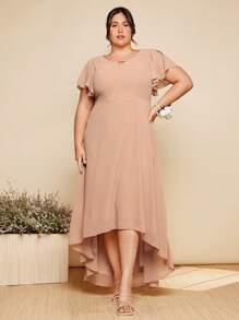 SHEIN Belle Hơn 1 Miếng áo tay bướm Hem cao thấp Váy phù dâu - Màu be - Xem 1