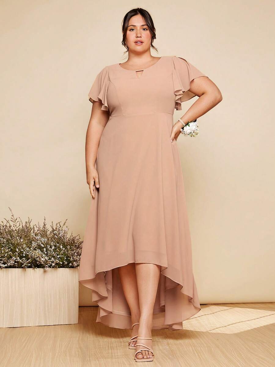 SHEIN Belle Hơn 1 Miếng áo tay bướm Hem cao thấp Váy phù dâu - Màu be - Xem 1