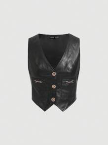 SHEIN MOD Button Front PU Leather Vest Jacket Without Blouse - Black - View 1
