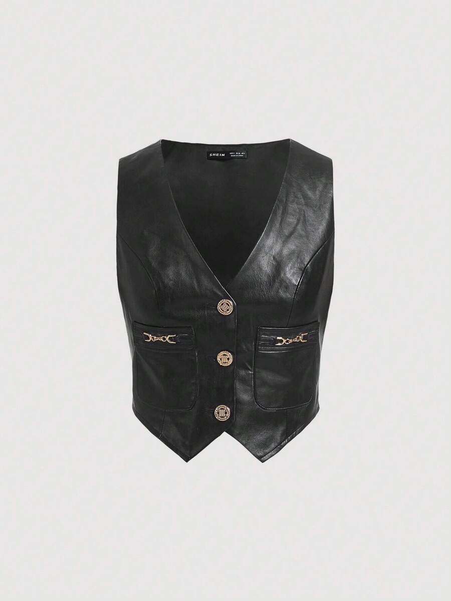 SHEIN MOD Button Front PU Leather Vest Jacket Without Blouse - Black - View 1