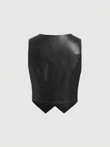 SHEIN MOD Button Front PU Leather Vest Jacket Without Blouse - Black - View 2