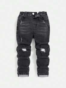 SHEIN Young Boy Ripped Solid Jeans - Dark Grey - View 1