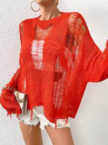 SHEIN ICON Open Stitch Drop Shoulder Distressed Jumper Without Bra - Red - View 1