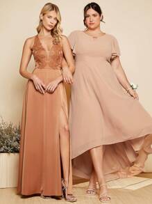 SHEIN Belle Hơn 1 Miếng áo tay bướm Hem cao thấp Váy phù dâu - Màu be - Xem 7