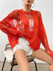 SHEIN ICON Open Stitch Drop Shoulder Distressed Jumper Without Bra - Red - View 3