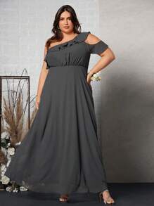 SHEIN Belle Plus One Shoulder Ruffle Trim Maxi Bridesmaid Dress - Dark Grey - View 3