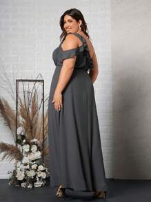 SHEIN Belle Plus One Shoulder Ruffle Trim Maxi Bridesmaid Dress - Dark Grey - View 4