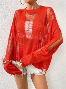 SHEIN ICON Open Stitch Drop Shoulder Distressed Jumper Without Bra - Red - View 5