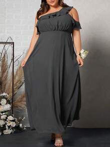 SHEIN Belle Plus One Shoulder Ruffle Trim Maxi Bridesmaid Dress - Dark Grey - View 1