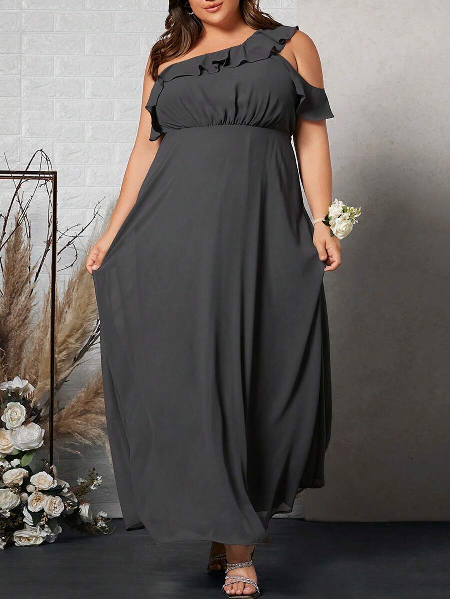 SHEIN Belle Plus One Shoulder Ruffle Trim Maxi Bridesmaid Dress - Dark Grey - View 1