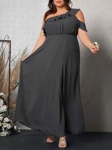 SHEIN Belle Plus One Shoulder Ruffle Trim Maxi Bridesmaid Dress - Dark Grey - View 6