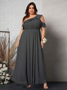 SHEIN Belle Plus One Shoulder Ruffle Trim Maxi Bridesmaid Dress - Dark Grey - View 2