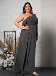 SHEIN Belle Plus One Shoulder Ruffle Trim Maxi Bridesmaid Dress - Dark Grey - View 7