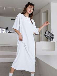DAZY Solid Drop Shoulder Tee Dress Sundress - White - View 3