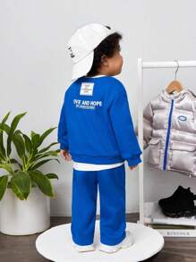 SHEIN 男嬰標語圖案落肩袖衛衣和衛褲 - 寶藍色 - 查看 1