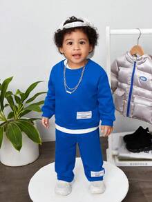 SHEIN 男嬰標語圖案落肩袖衛衣和衛褲 - 寶藍色 - 查看 2